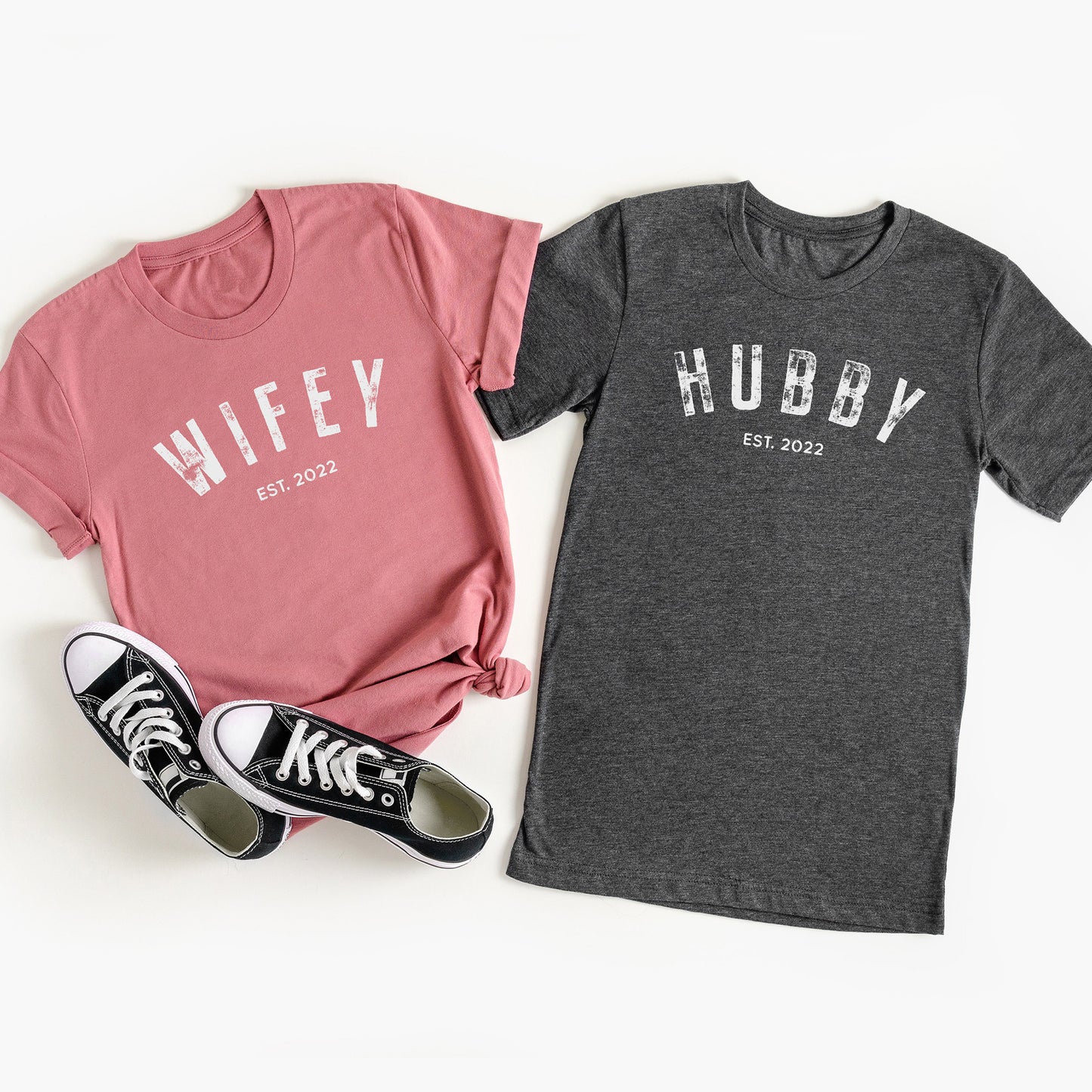 
                  
                    matching hubby wifey shirts in mauve and dark grey
                  
                