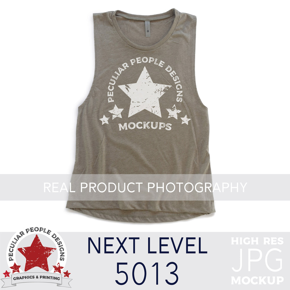 an Ash, next level 5013 muscle tank flat lay mockup with a white background by peculiar people designs