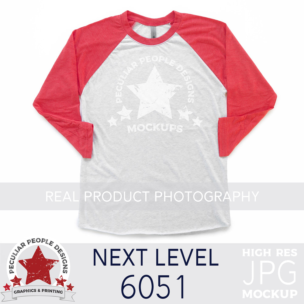 product photography mockup of a next level 6051 raglan in vintage red on a white background