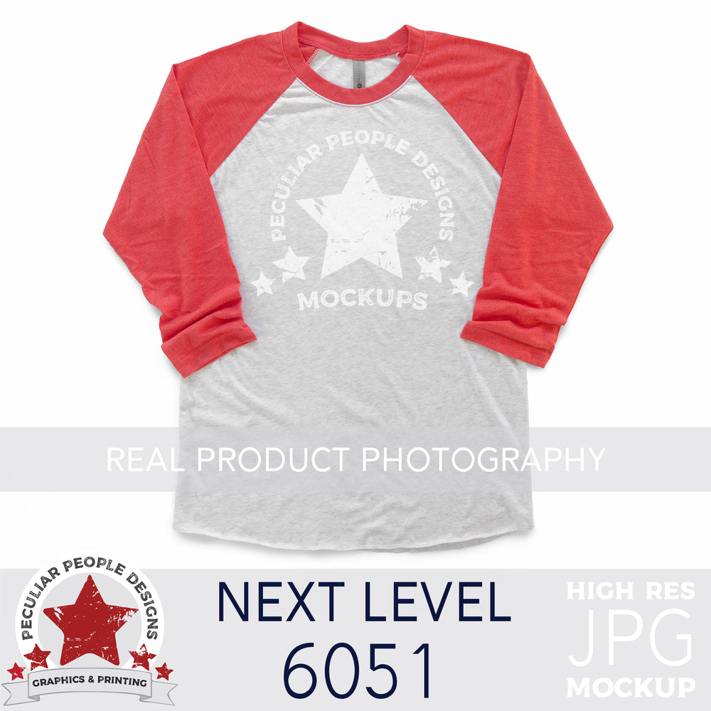 product photography mockup of a next level 6051 raglan in vintage red on a white background