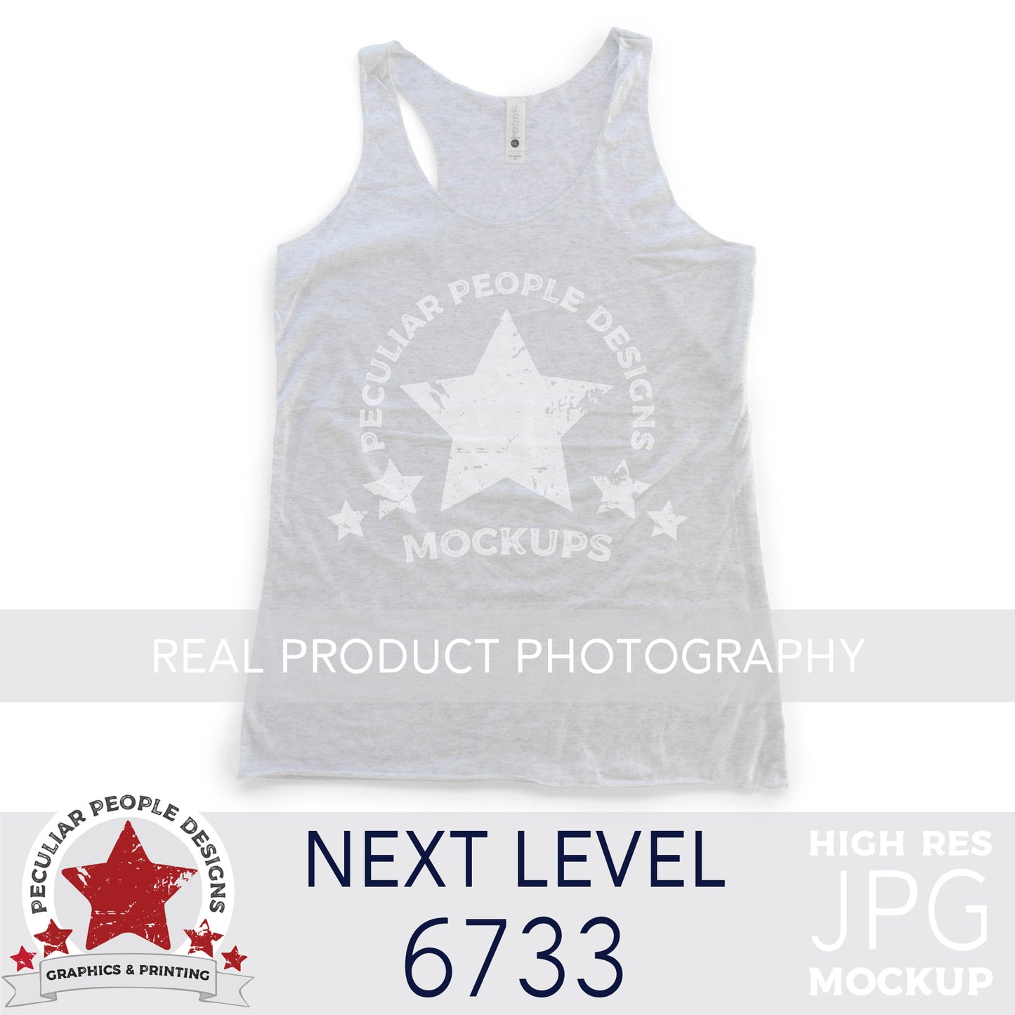 
                  
                    Product photography mock up of Next Level 6733 Tri-Blend Racerback Tank in Heather White by peculiar people designs
                  
                