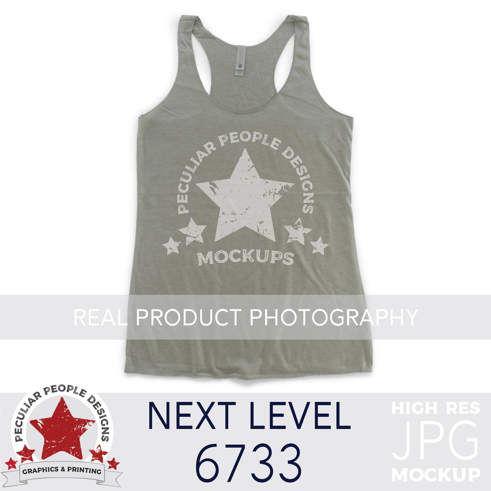 Product photography mock up of Next Level 6733 Tri-Blend Racerback Tank in Venetian Gray by peculiar people designs