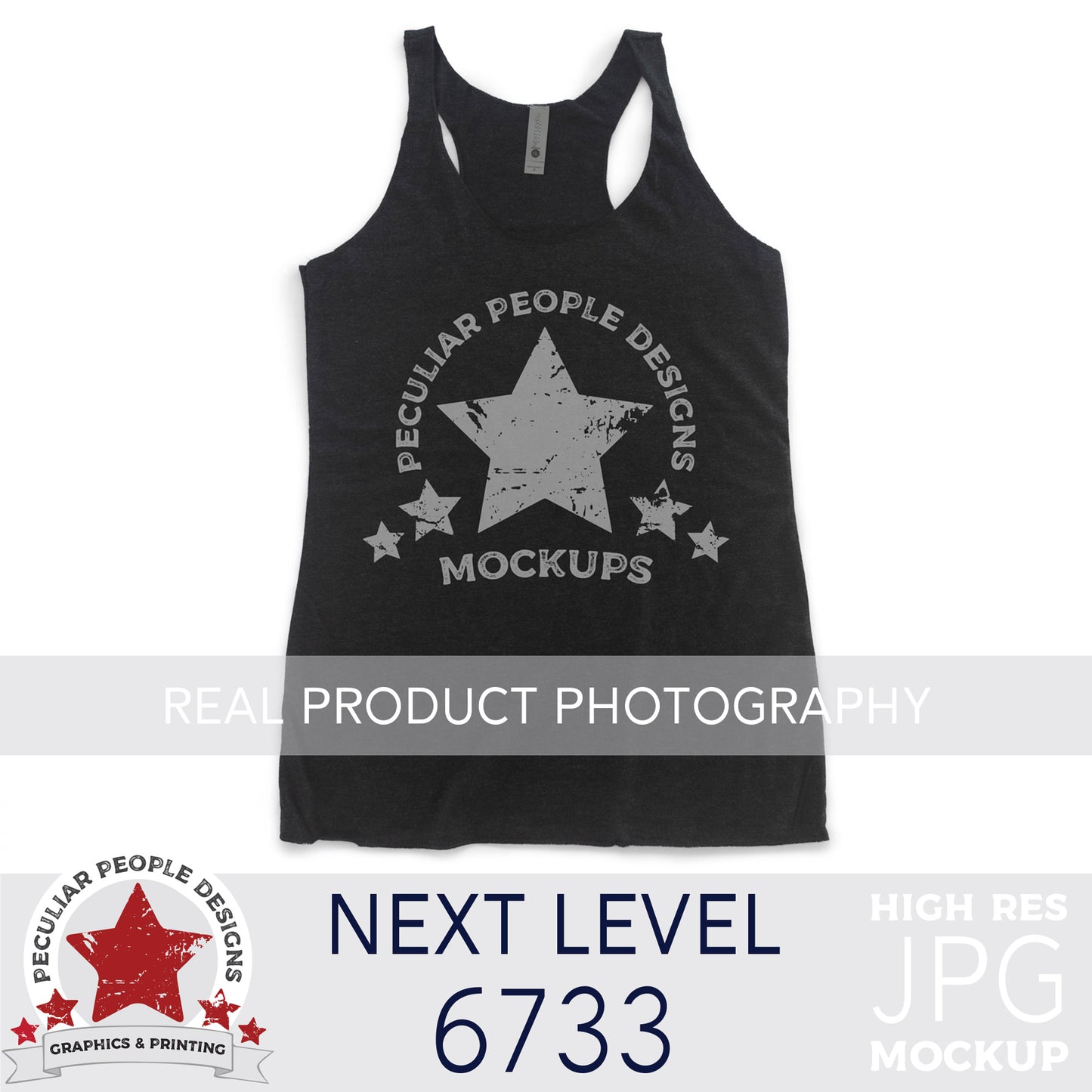 
                  
                    a flat lay Product photography mock up of Next Level 6733 Tri-Blend Racerback Tank in Vintage Black by peculiar people designs
                  
                