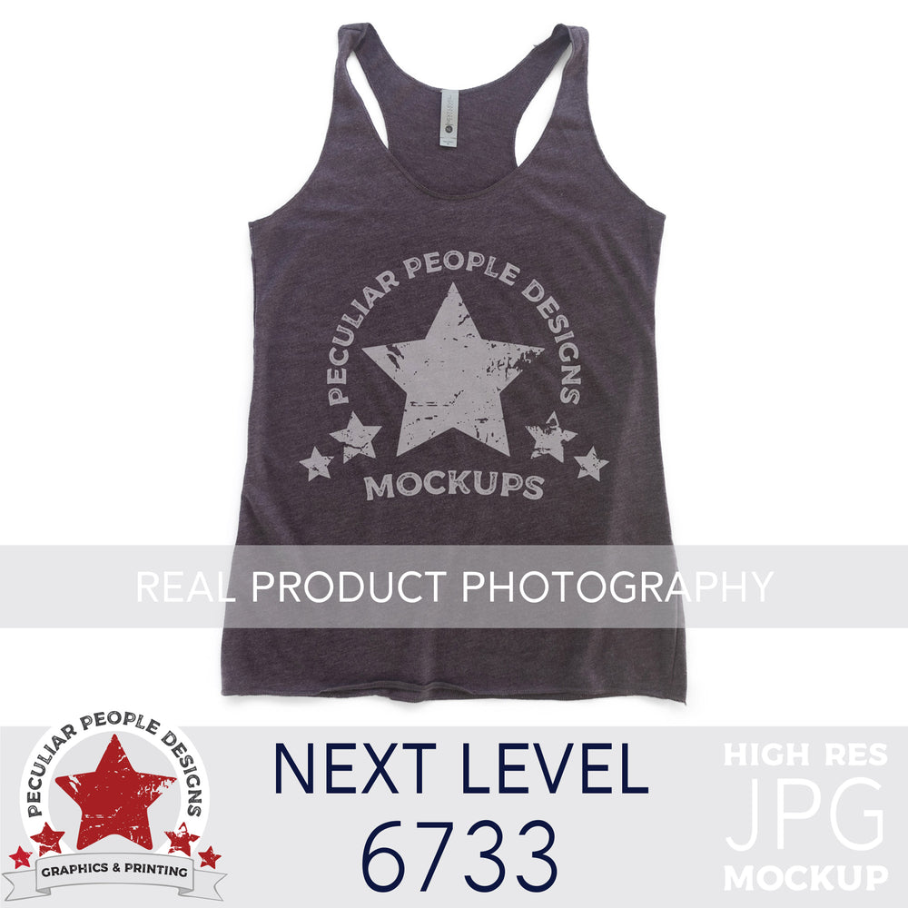 Product photography mock up of Next Level 6733 Tri-Blend Racerback Tank in Vintage Purple by peculiar people designs