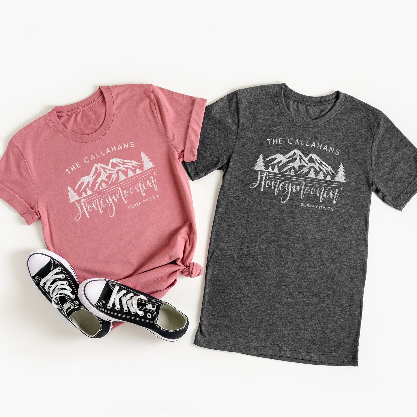 
                  
                    personalized honeymoon location tees in mauve and dark grey
                  
                