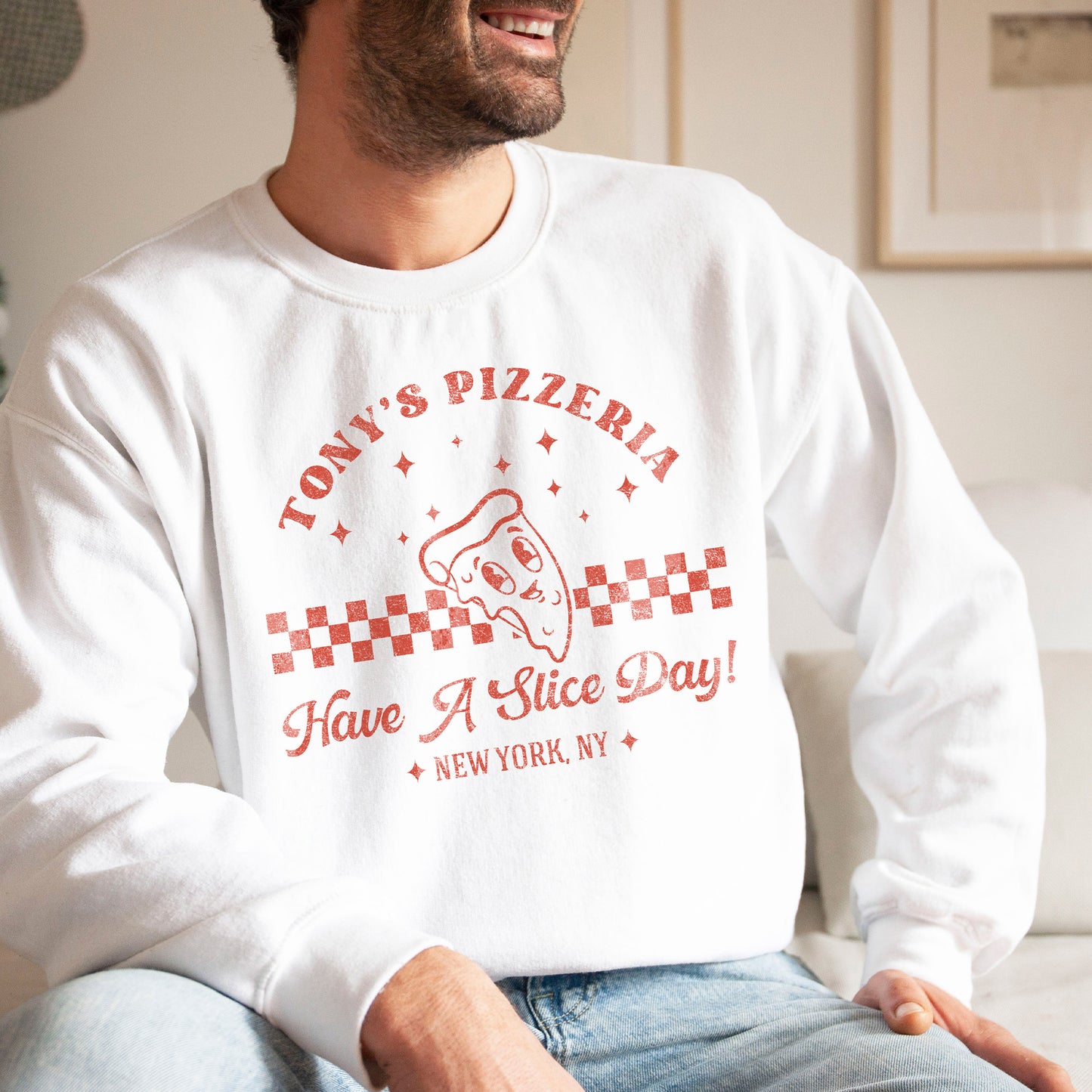 a man wearing a personalized retro pizzeria sweatshirt in white
