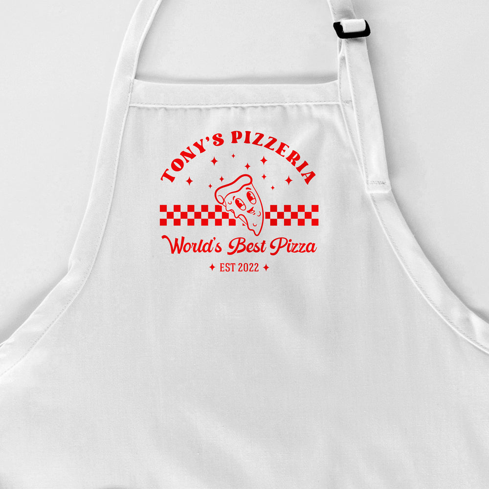 a personalized retro pizza apron in white