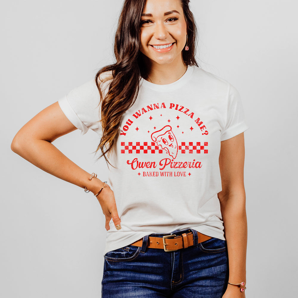 
                  
                    a pretty young woman wearing a personalized retro pizza shirt in white
                  
                