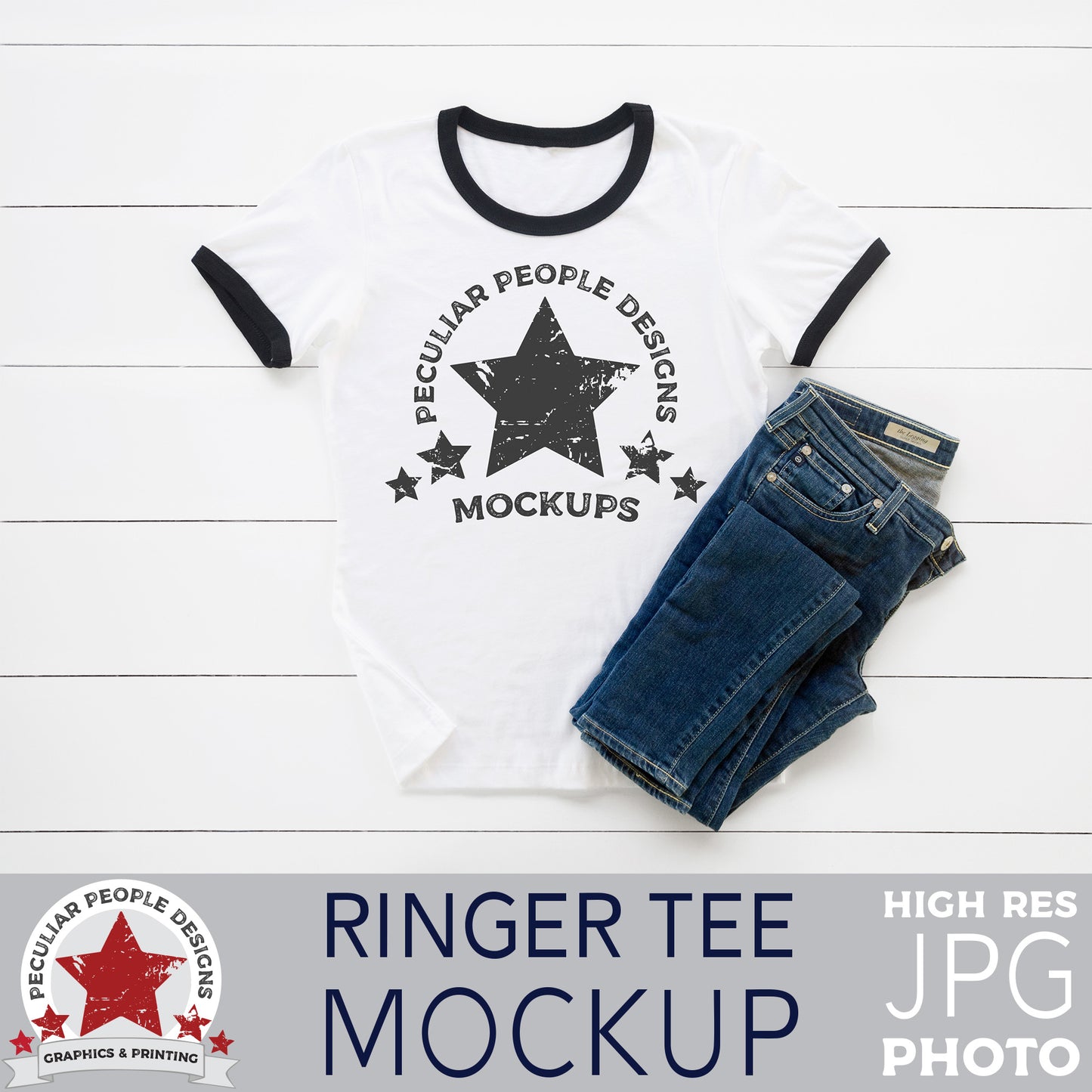 
                  
                    a mockup image of a black/white ringer tee and blue jeans, layed out flat on a wood background
                  
                