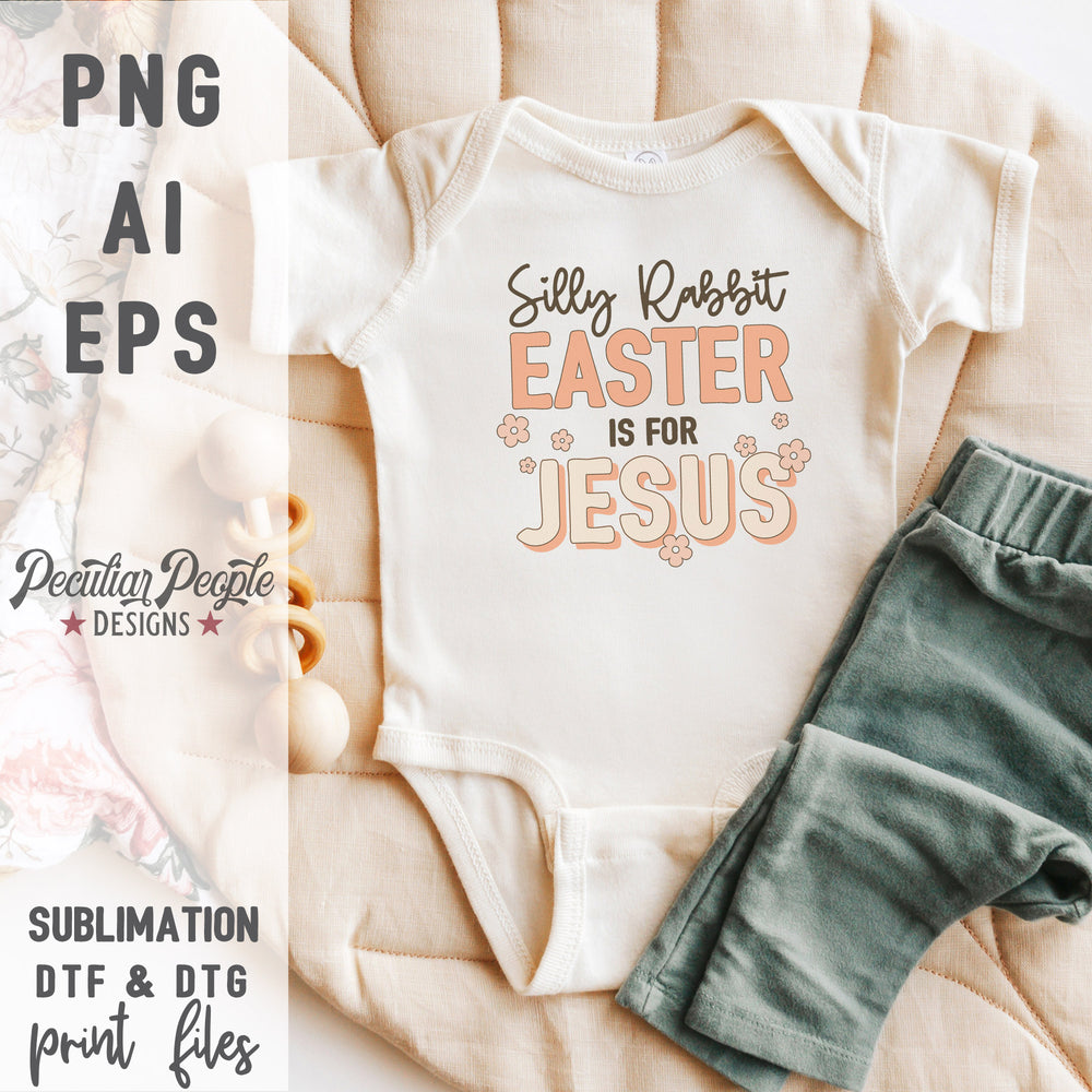 
                  
                    a baby onesie printed with a a silly rabbit, easter is for Jesus, retro design
                  
                