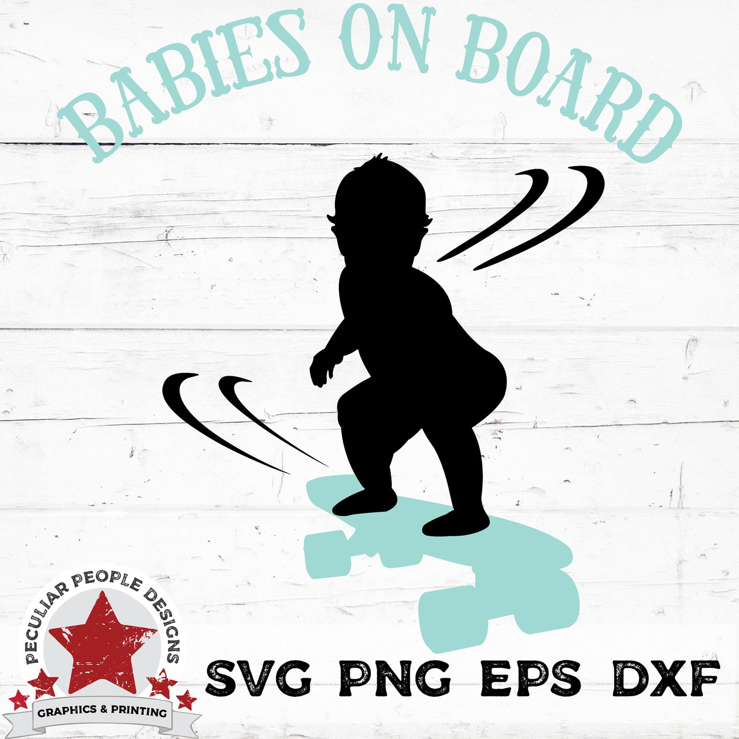 vector design of a baby on a skateboard with text reading "babies on board"