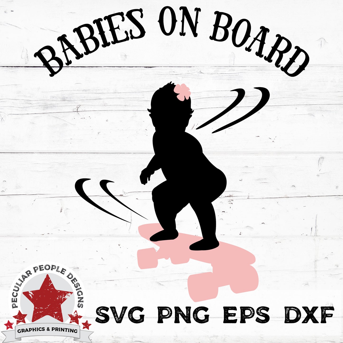 
                  
                    vector design of a baby girl on a skateboard with a flower in her hair and text reading "babies on board"
                  
                