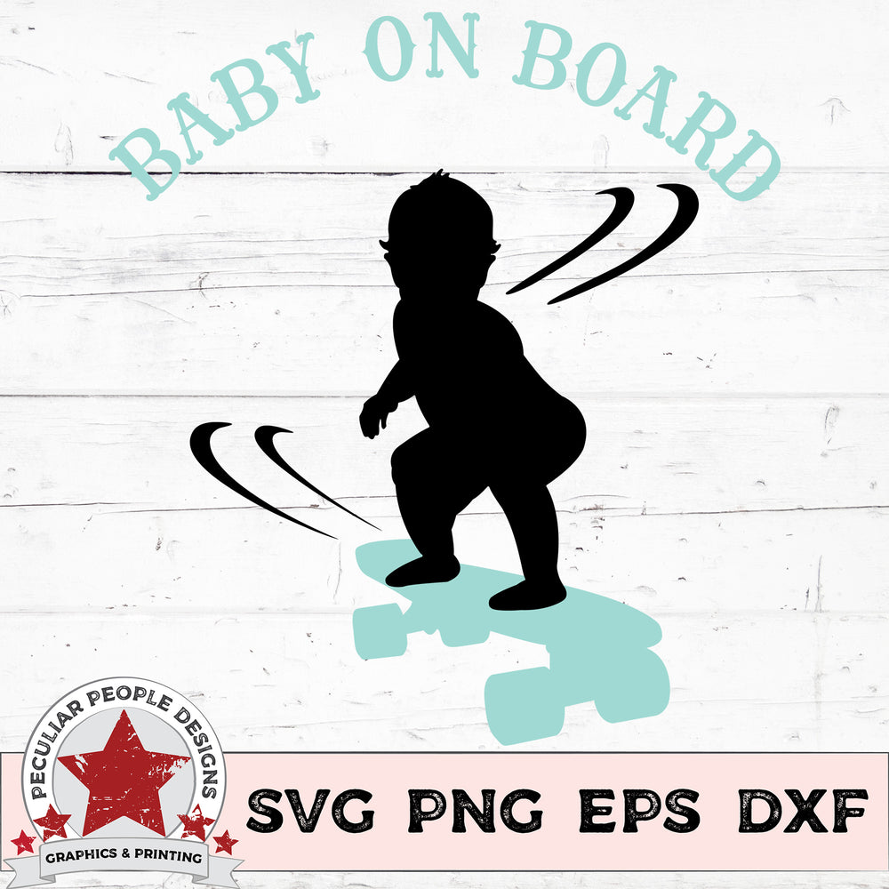 
                  
                    skateboarding baby boy on skateboard vector design with text "baby on board"
                  
                