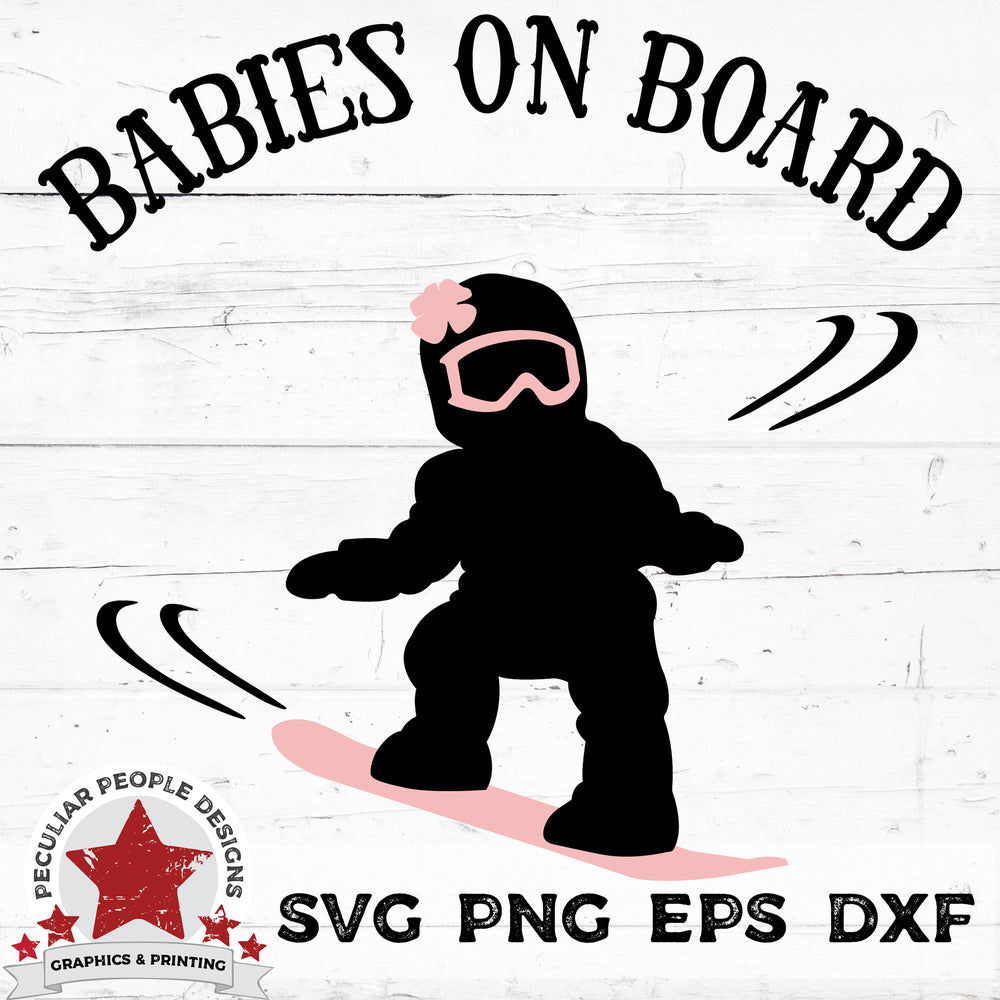 vector design of a baby girl on a snowboard with a flower on her helmut and text reading 
