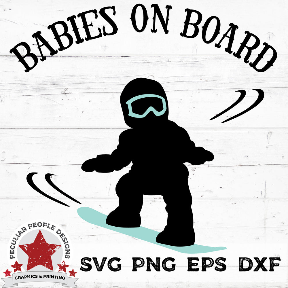 vector design of a baby on a snowboard with text reading 