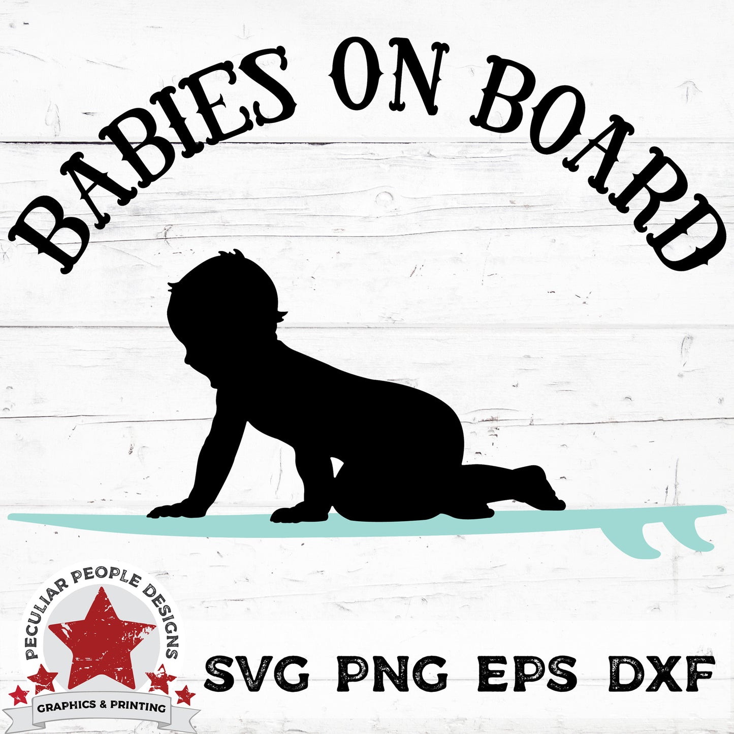 
                  
                    vector design of a baby on a surfboard with text reading "babies on board"
                  
                