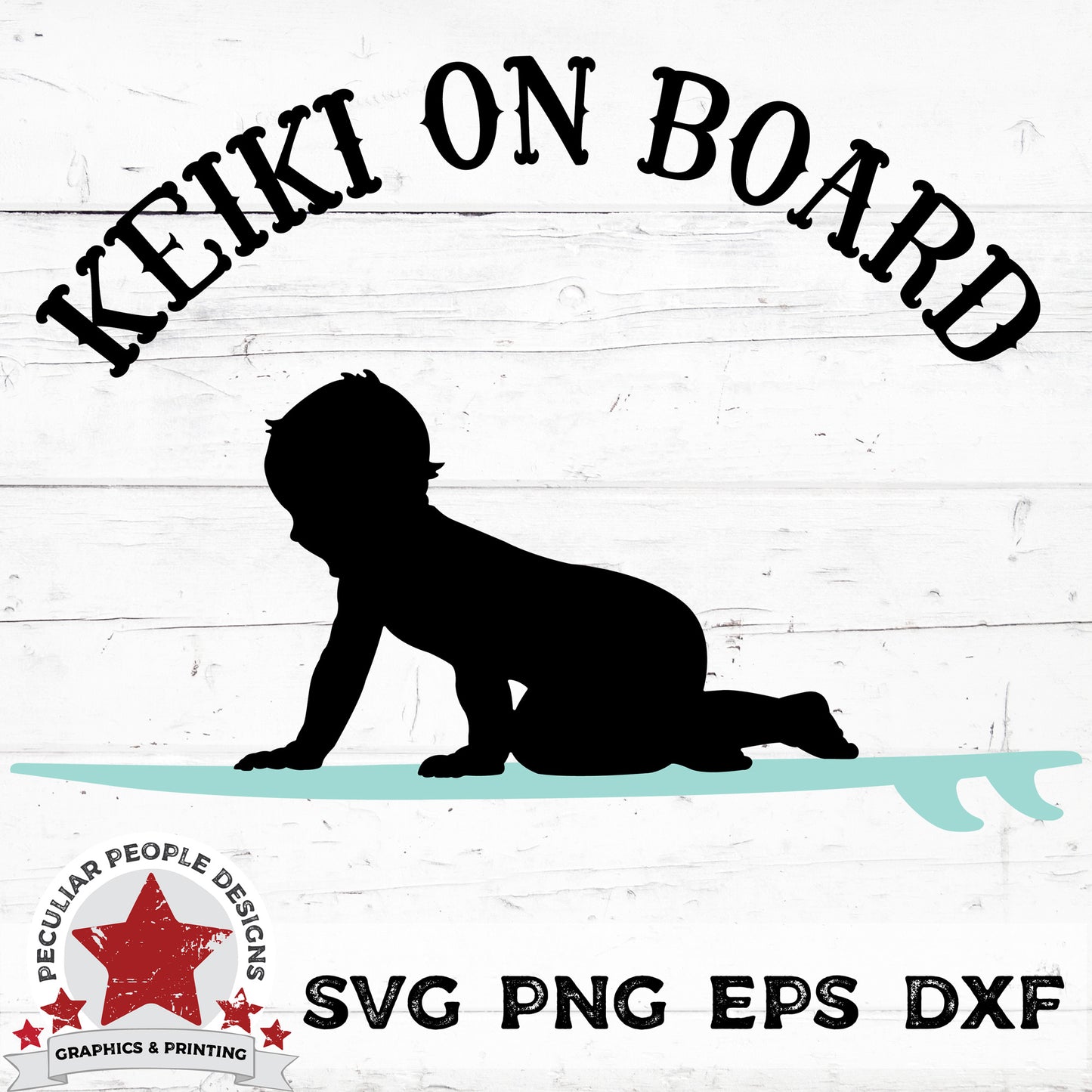 a hawaiian surfer, baby boy on surfboard vector design with text "keiki on board"