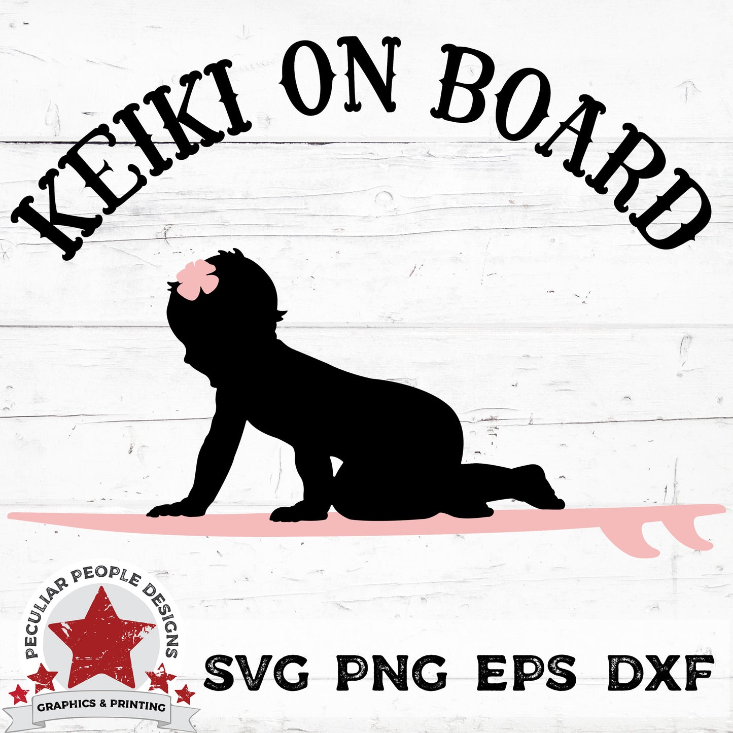 
                  
                    a vector design of a hawaiian surfer, baby girl on a surfboard with a flower in her hair, and text  reading "keiki on board"
                  
                