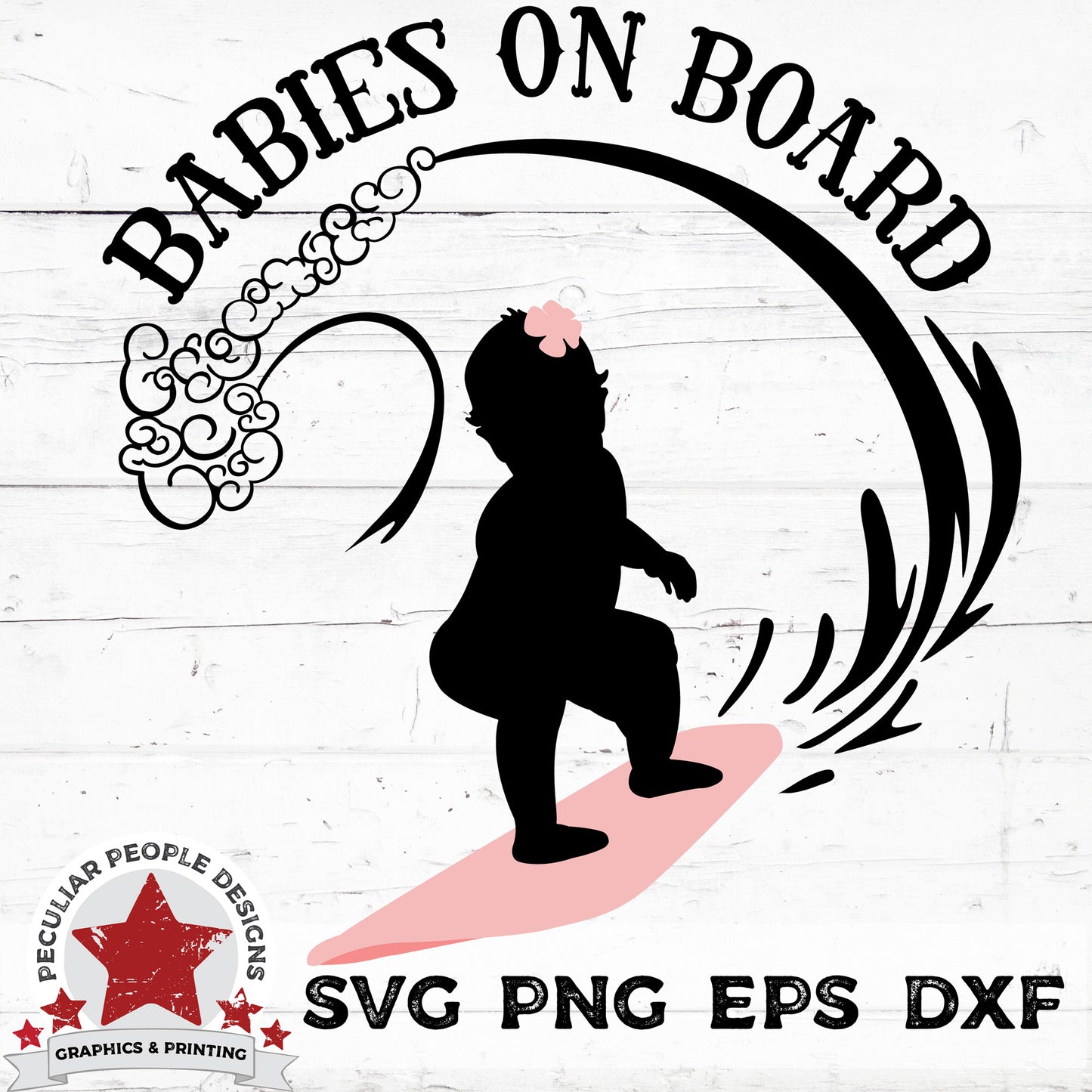 
                  
                    a vector design of a surfing baby girl on a surfboard with a flower in her hair, a wave overhead, and text reading "Baby on Board"
                  
                