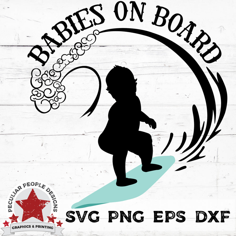 vector design of a baby on a surfboard with a wave overhead and text reading 
