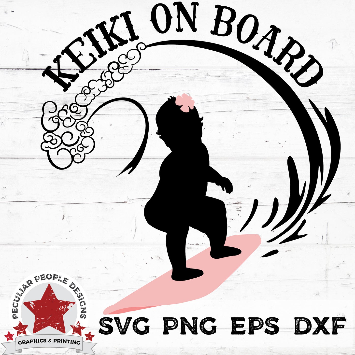 a vector design of a hawaiian surfer, baby girl on a surfboard with a flower in her hair, a wave overhead and text reading "keiki on board"