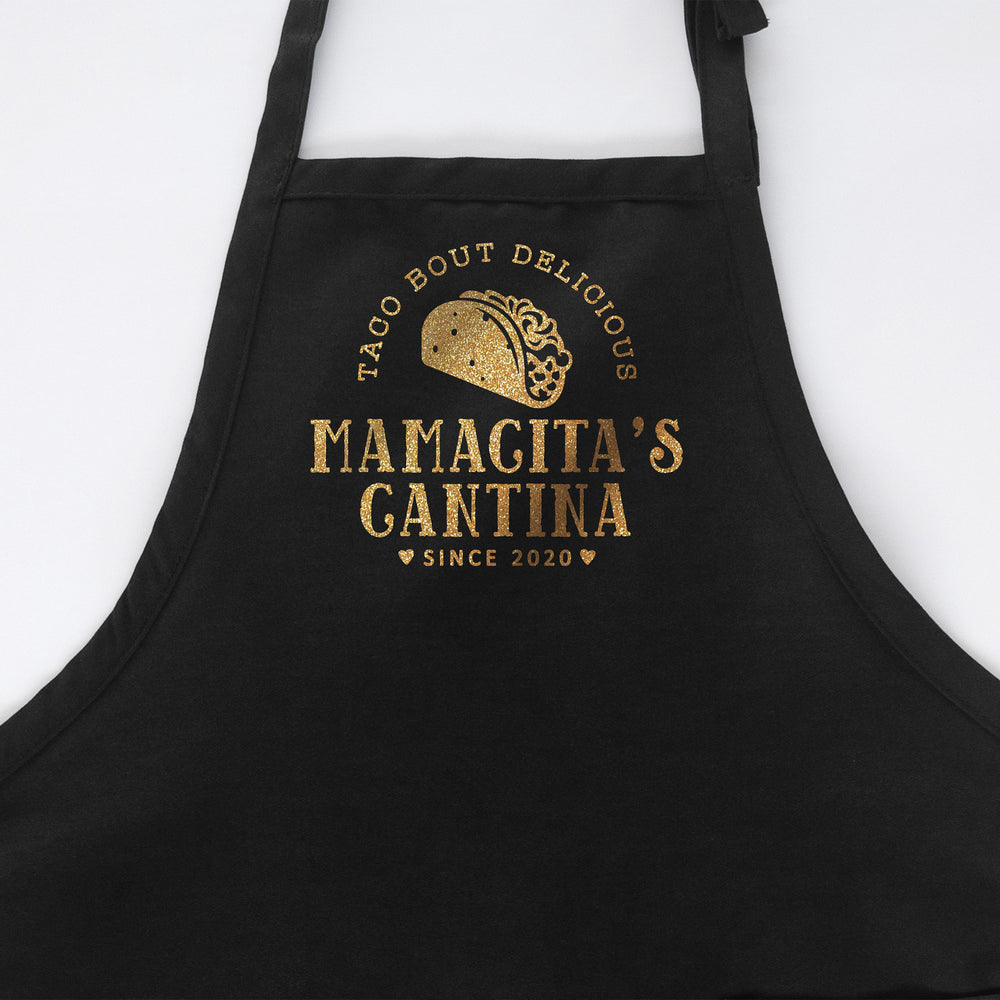 a personalized taco apron in black