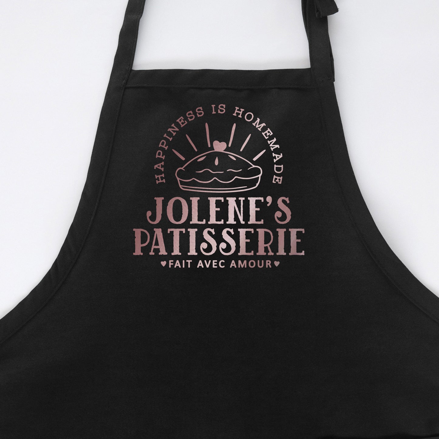 
                  
                    a personalized pie baking apron in black
                  
                