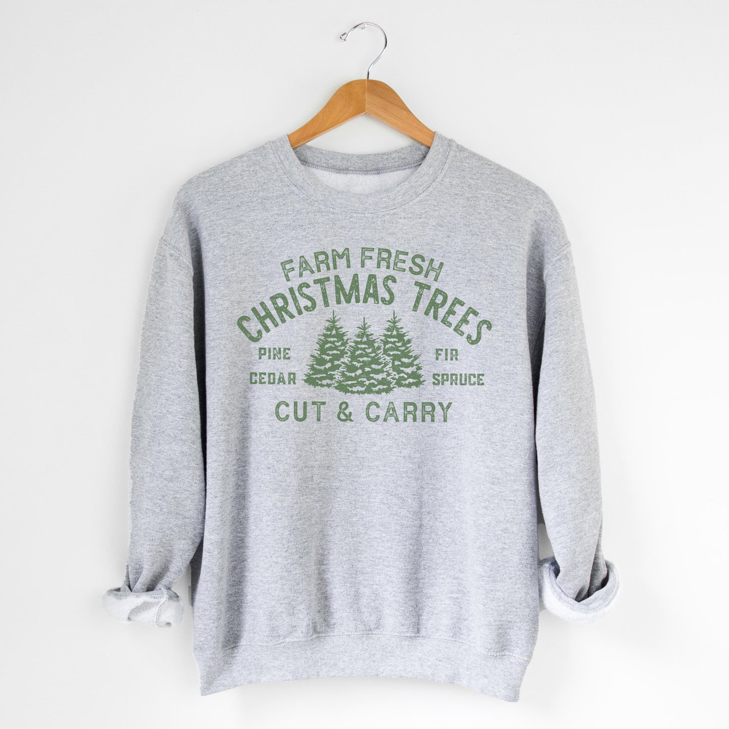 
                  
                    a farm fresh christmas trees sweatshirt in sport grey with green print
                  
                