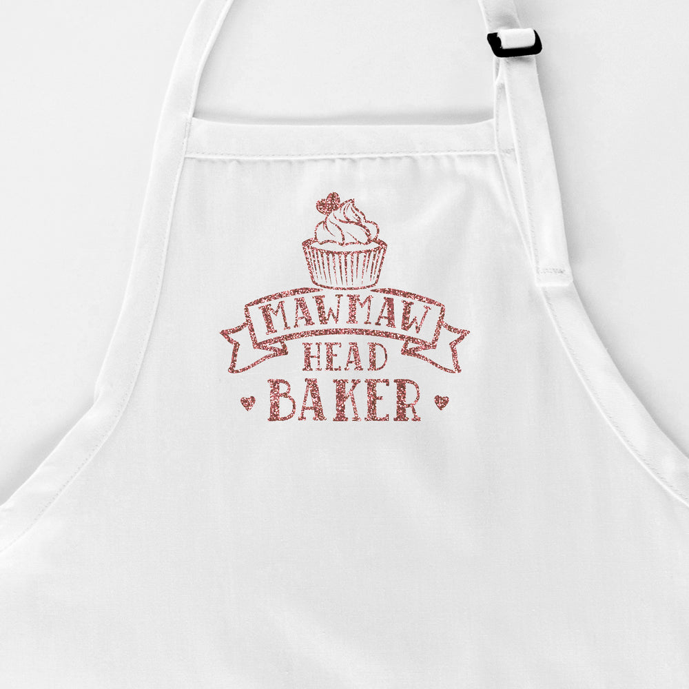 a personalized cupcake head baker apron in white
