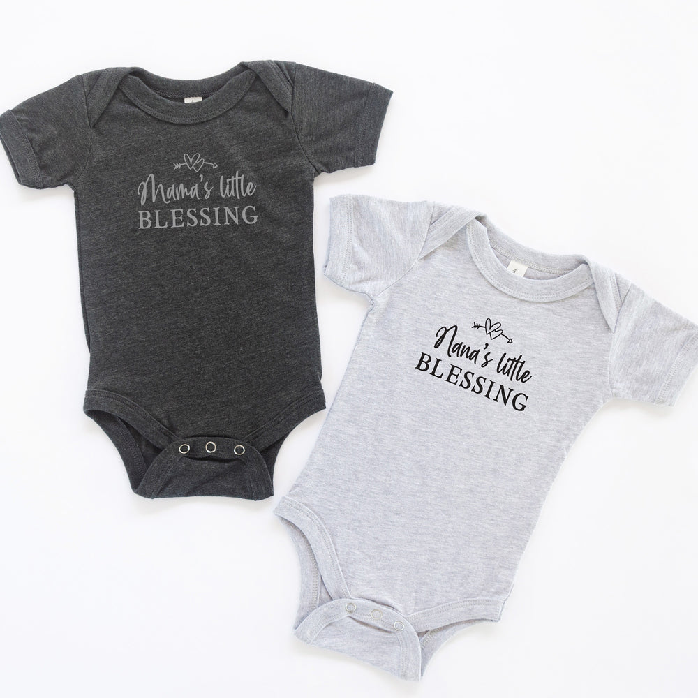 
                  
                    two little blessing onesies, personalized as mama's and nana's little blessing, shown in dark grey and grey
                  
                