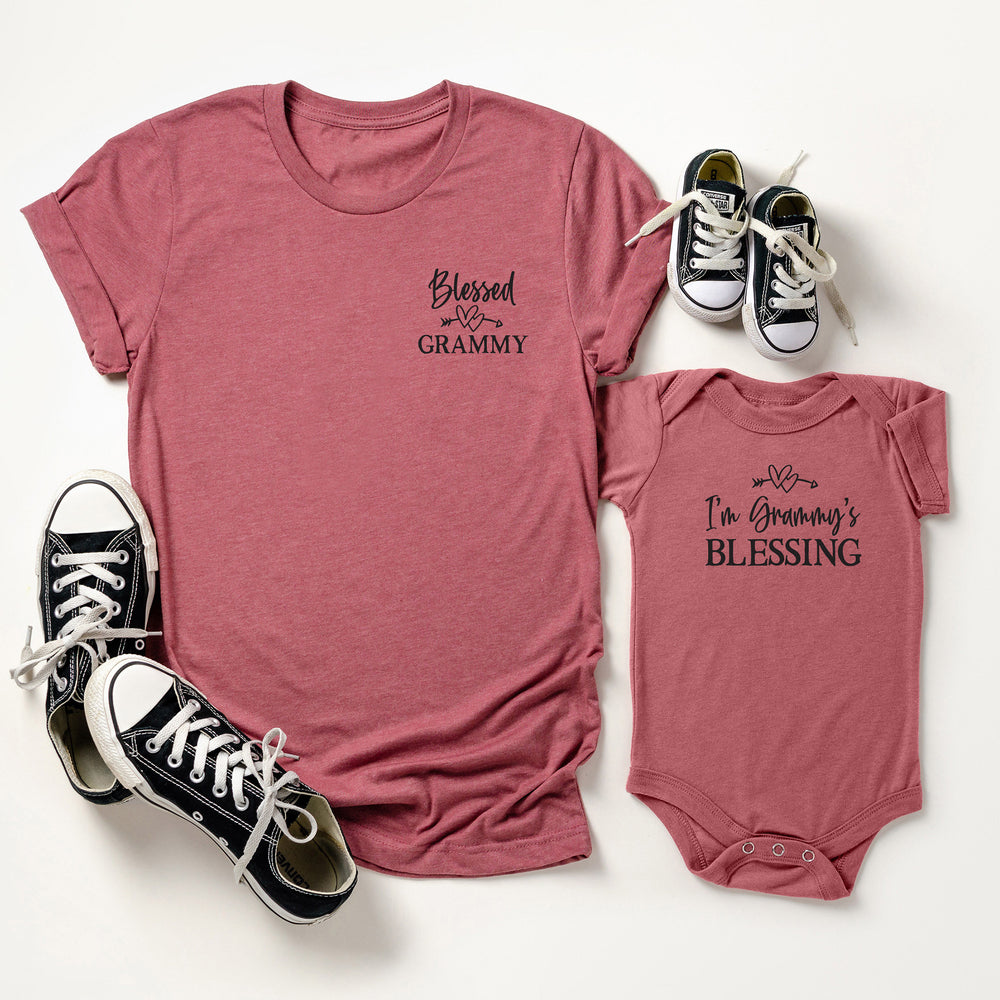 
                  
                    a blessed grammy shirt in mauve, shown with a matching baby onesie
                  
                