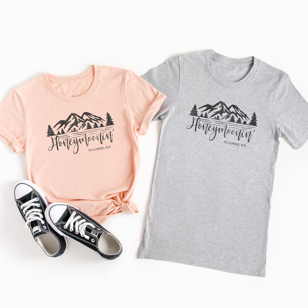 
                  
                    personalized honeymoon location tees in peach and grey
                  
                