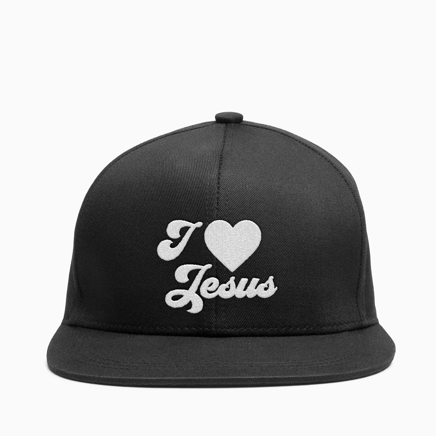 
                  
                    a black snapback hat embroidered with I Heart Jesus in white
                  
                