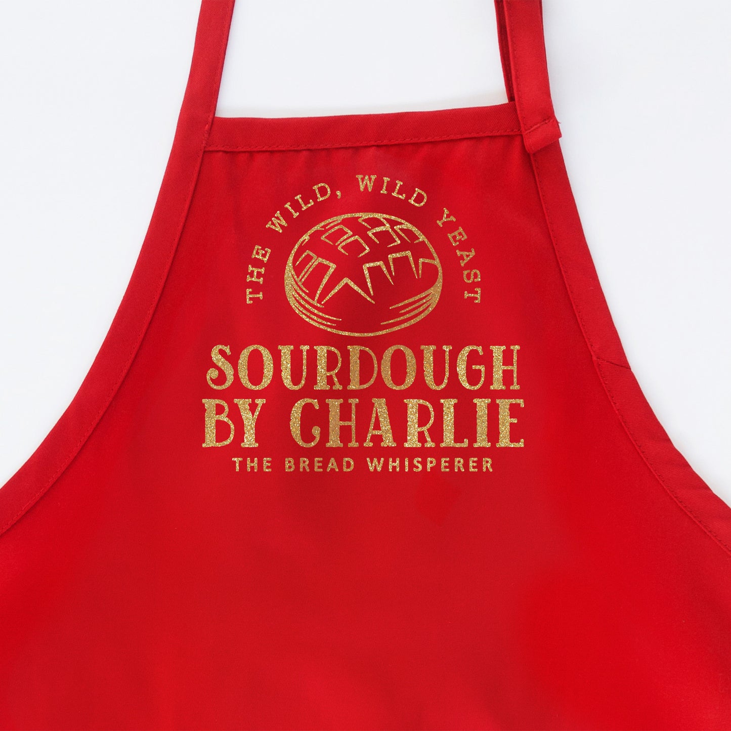 
                  
                    a personalized bread baker apron in red
                  
                