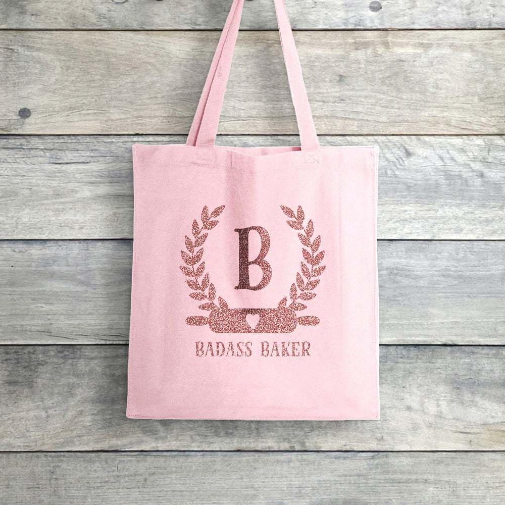 a personalized baking monogram tote in pink pastel