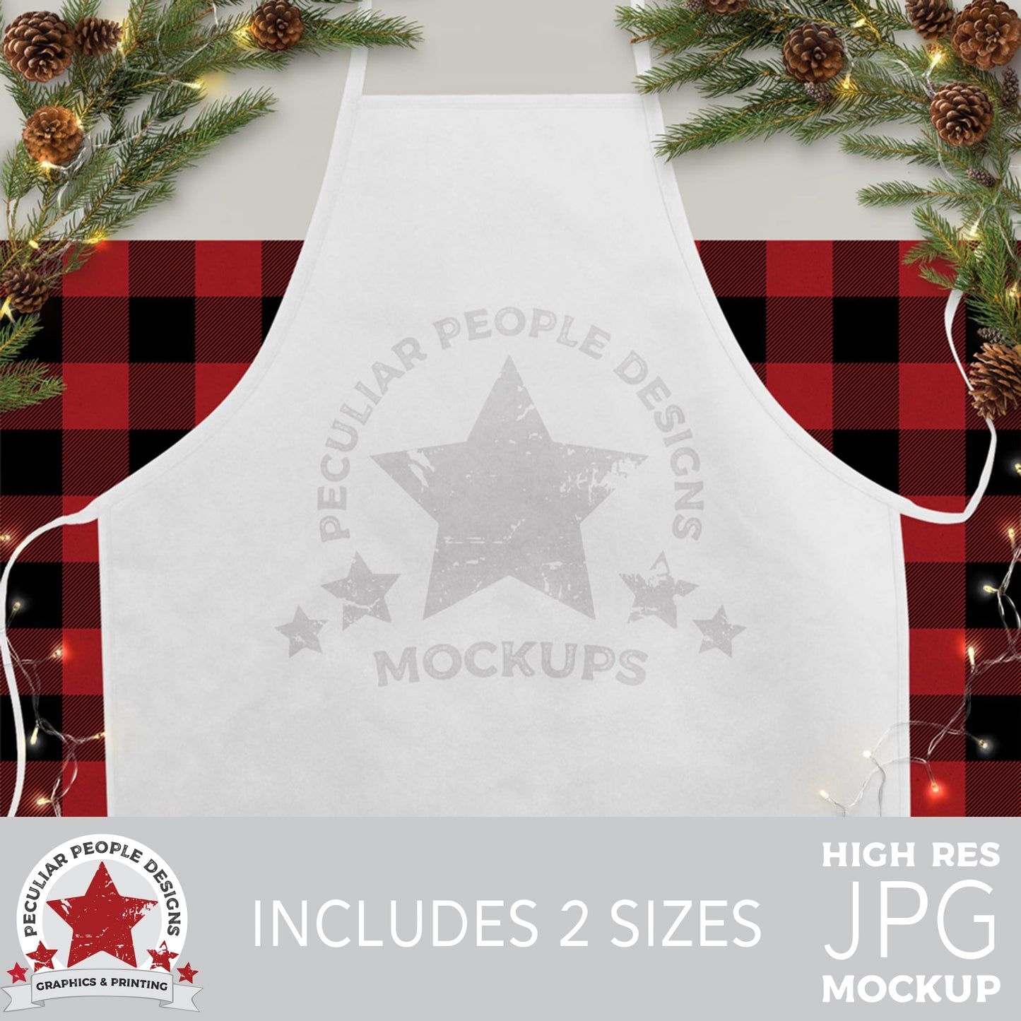 
                  
                    a rustic country mockup image of pine cones and branches surrounding a buffalo plaid backdrop and a white apron 
                  
                