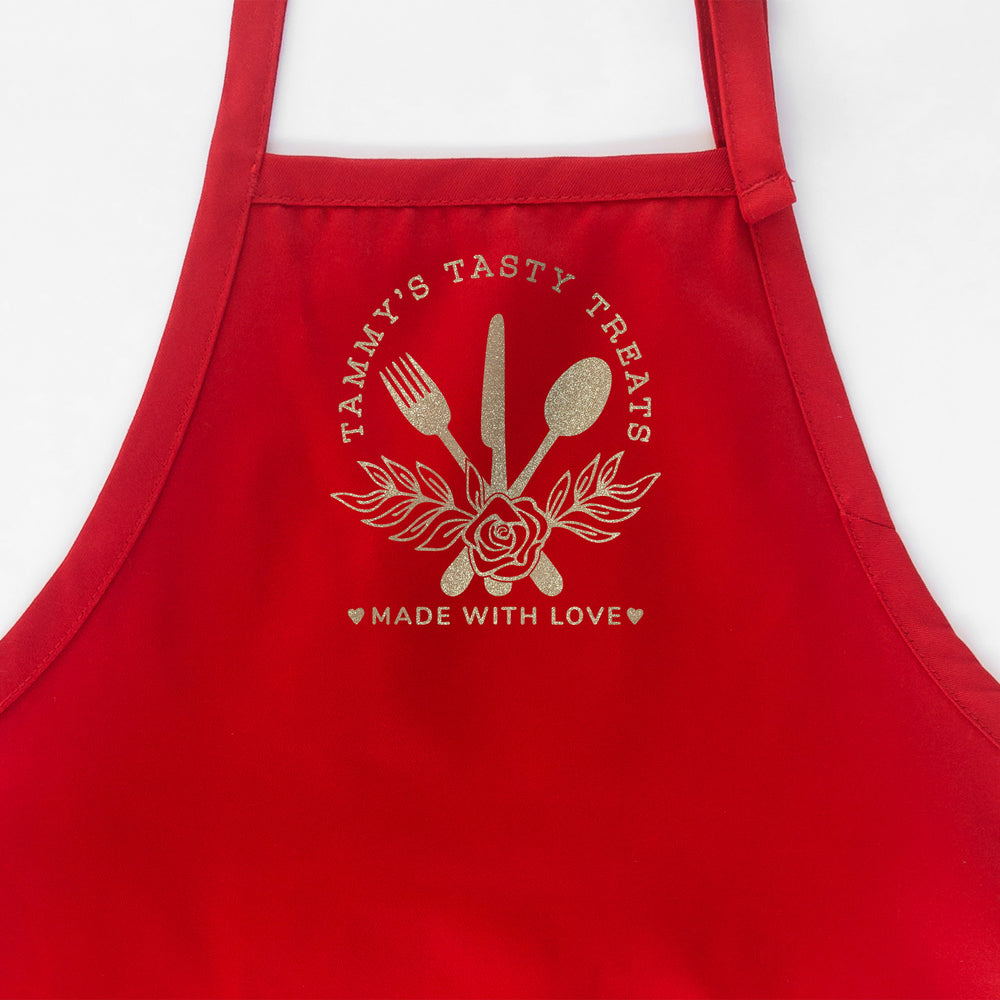 
                  
                    a personalized chef apron in red
                  
                