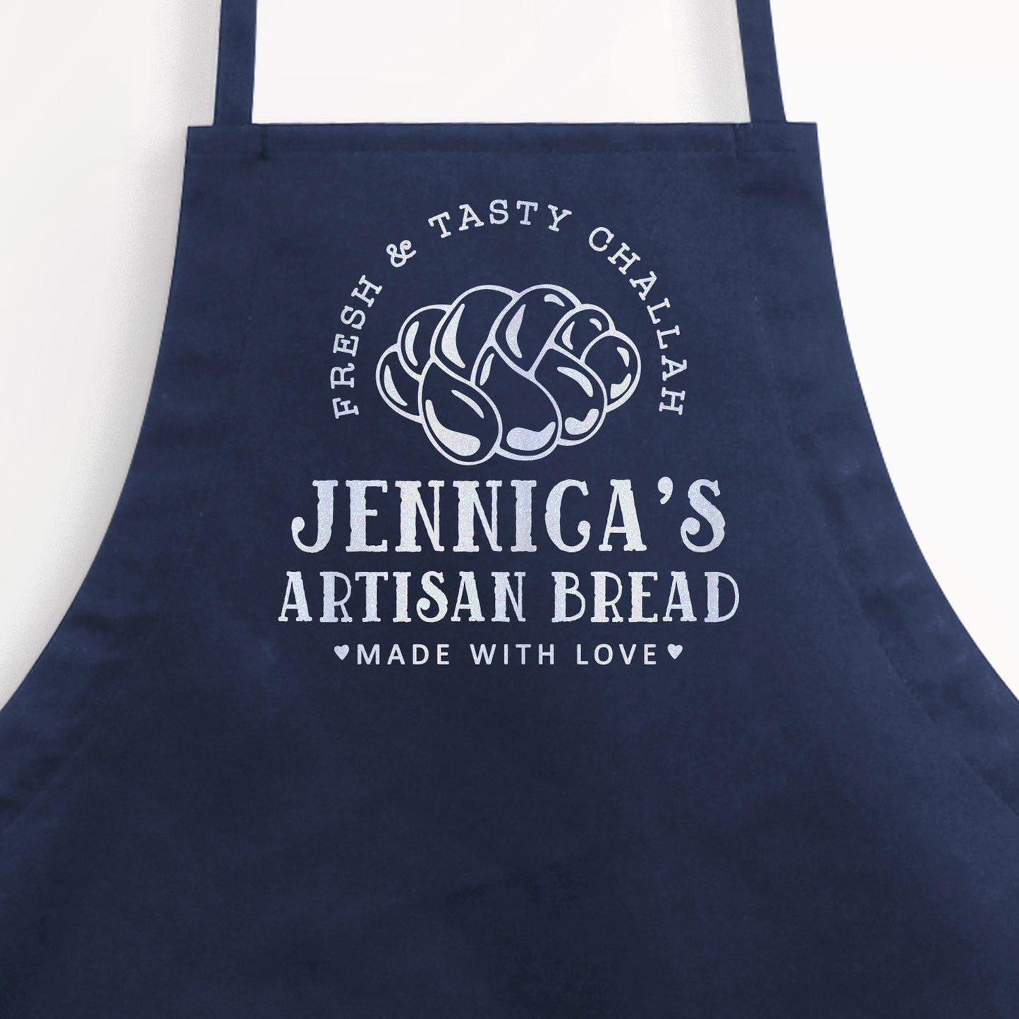 
                  
                    a personalized challah baking apron in navy
                  
                