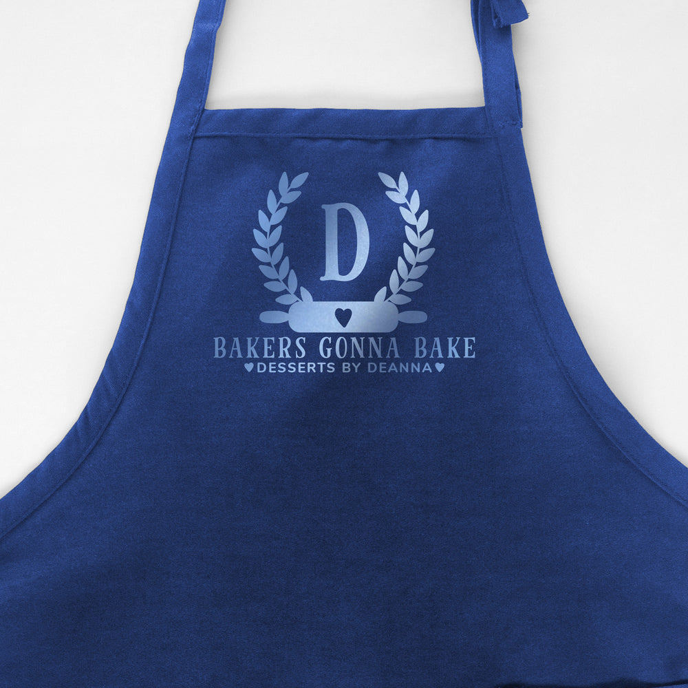 
                  
                    a personalized monogrammed baking apron in royal
                  
                