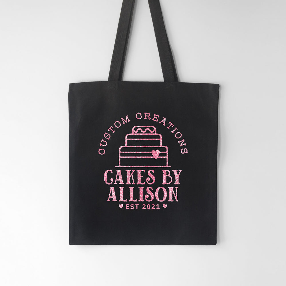 a personalized cake tote in black