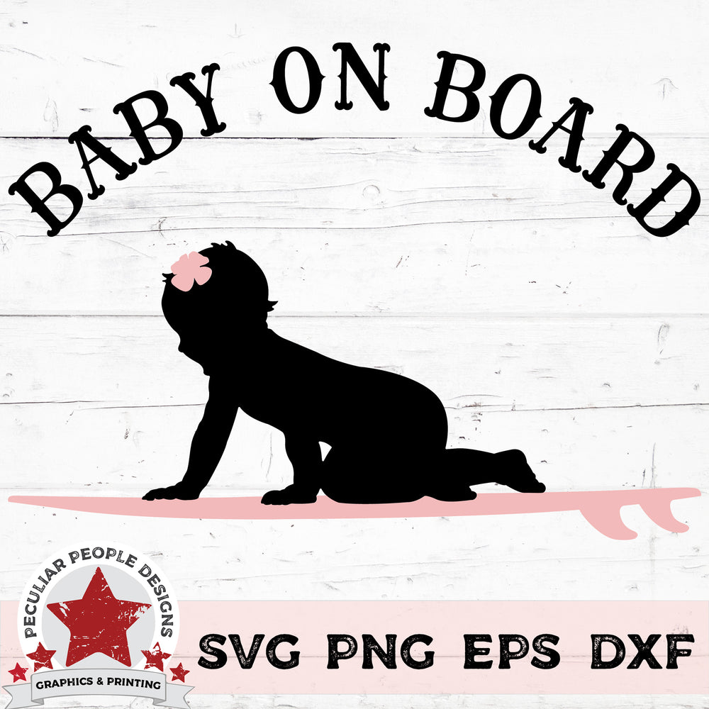 a vector design of a baby girl on a surfboard with text reading 