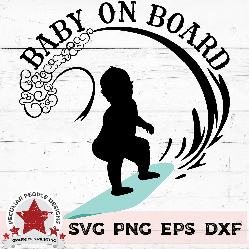 a vector design of a surfing baby on a surfboard with a wave and text over him reading 
