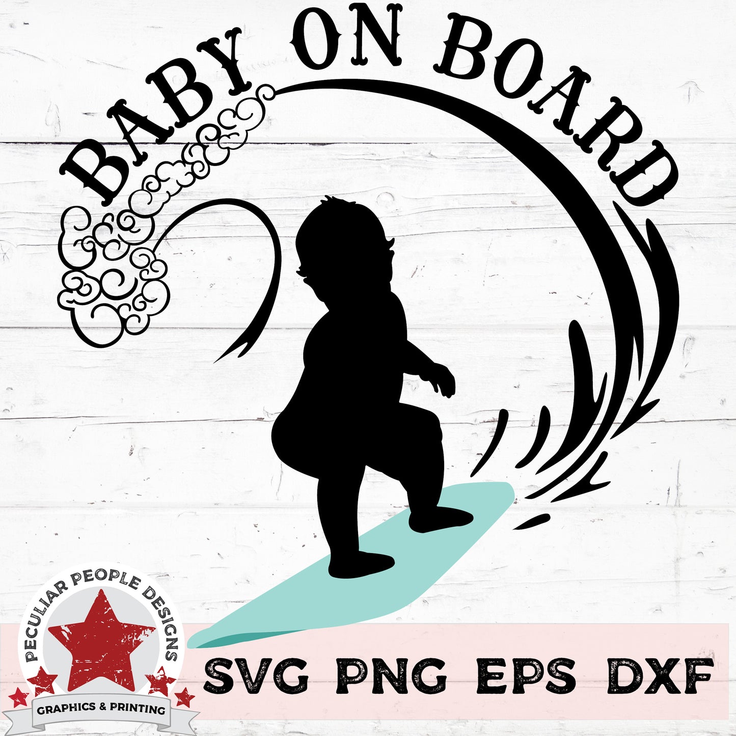 
                  
                    a vector design of a surfing baby on a surfboard with a wave and text over him reading "Baby on Board" 
                  
                