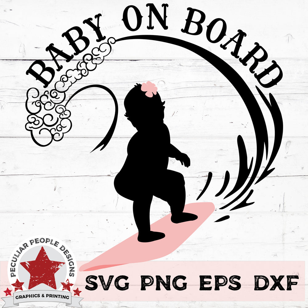 a vector design of a surfing baby girl on a surfboard with a wave and text over her reading "Baby on Board"